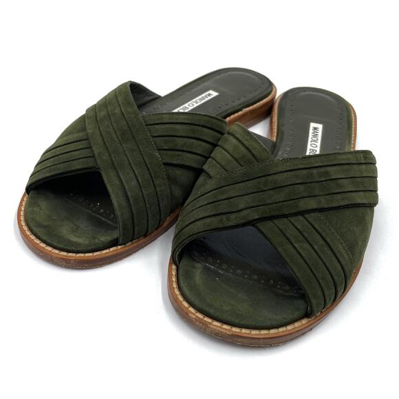 Manolo Blahnik Pingar Flat Slides Moss Green‎ Suede Criss Cross Sz 36 / 6 - Picture 4 of 9